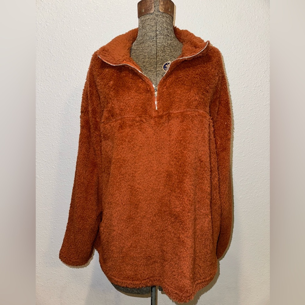 SHEIN Rust Teddy Half-Zip Pullover – Size 2X (Relaxed Fit)